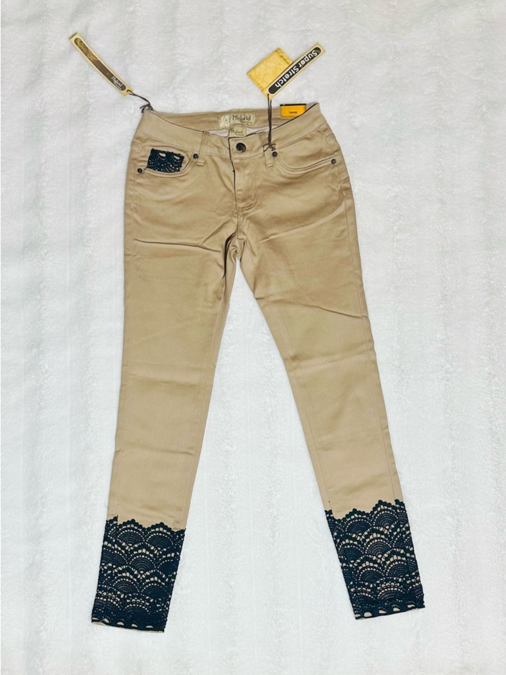Beige Women’s Jeans with Black Lace Hem